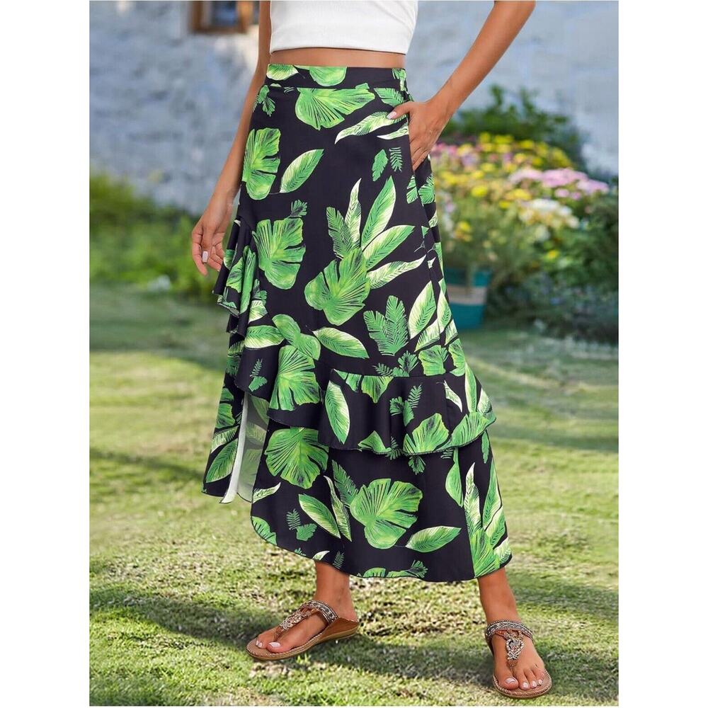 Ezcosplay Women High Waisted Hawaiian Tropical Floral Maxi Skirt Ruffle - Picture 5 of 13